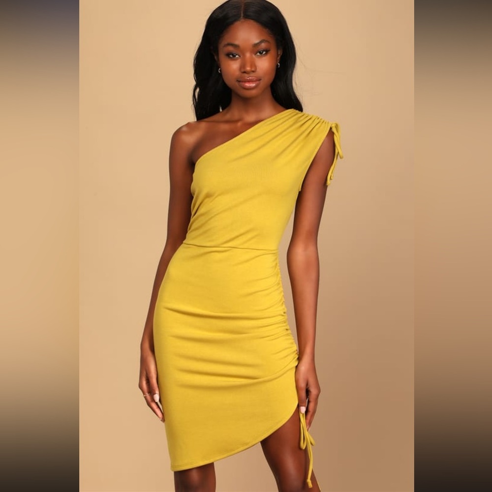 Total Upgrade Mustard Yellow Ruched One-Shoulder Midi Dress